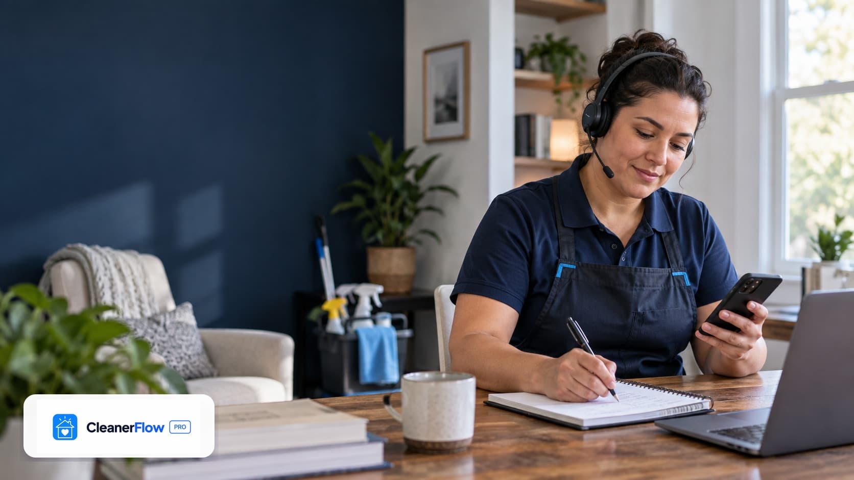 Mulher de avental e headset anota num caderno enquanto olha o celular, com o notebook aberto na mesa