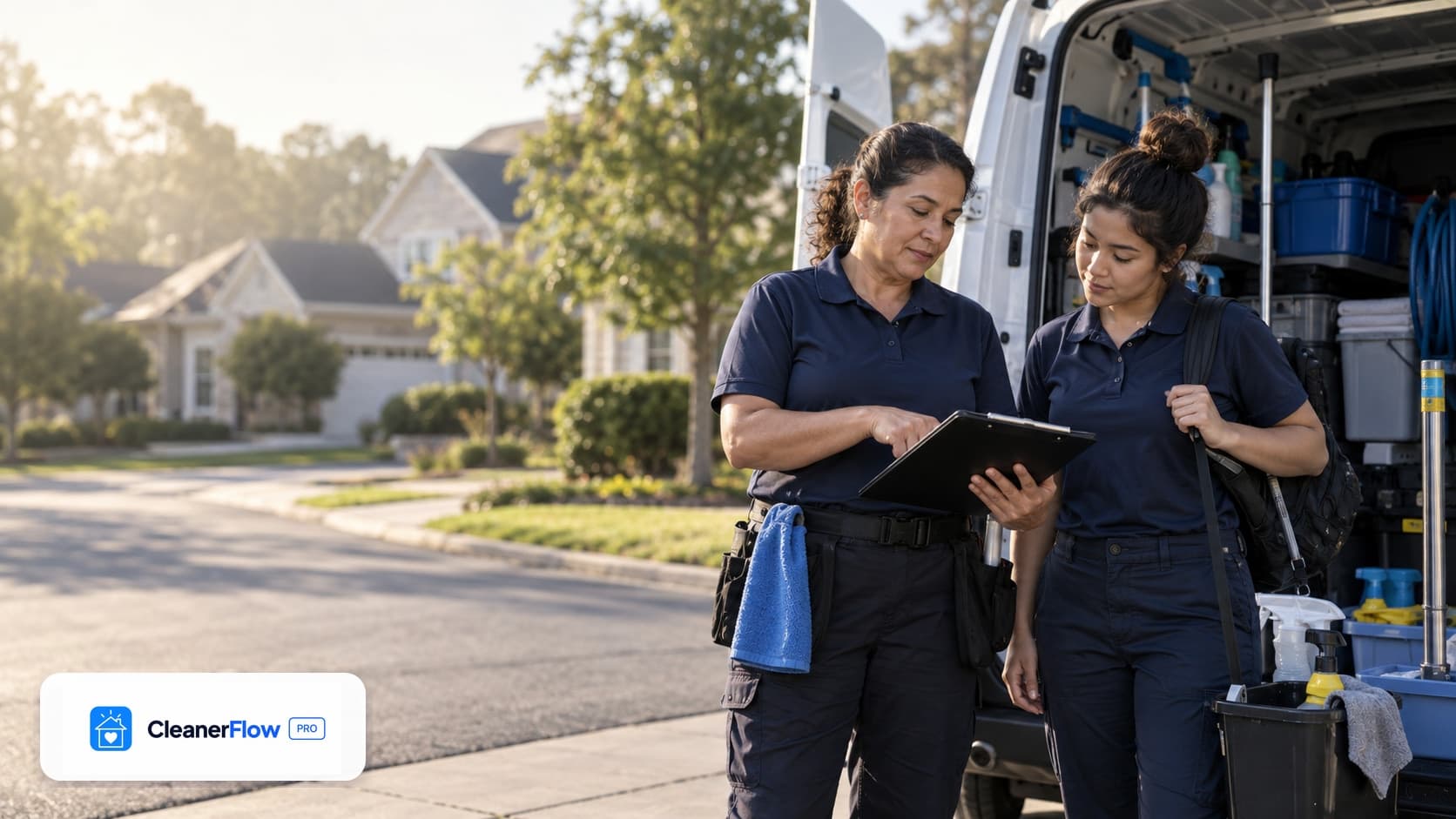Two cleaners in navy polos reviewing a clipboard together beside an open van stocked with supplies