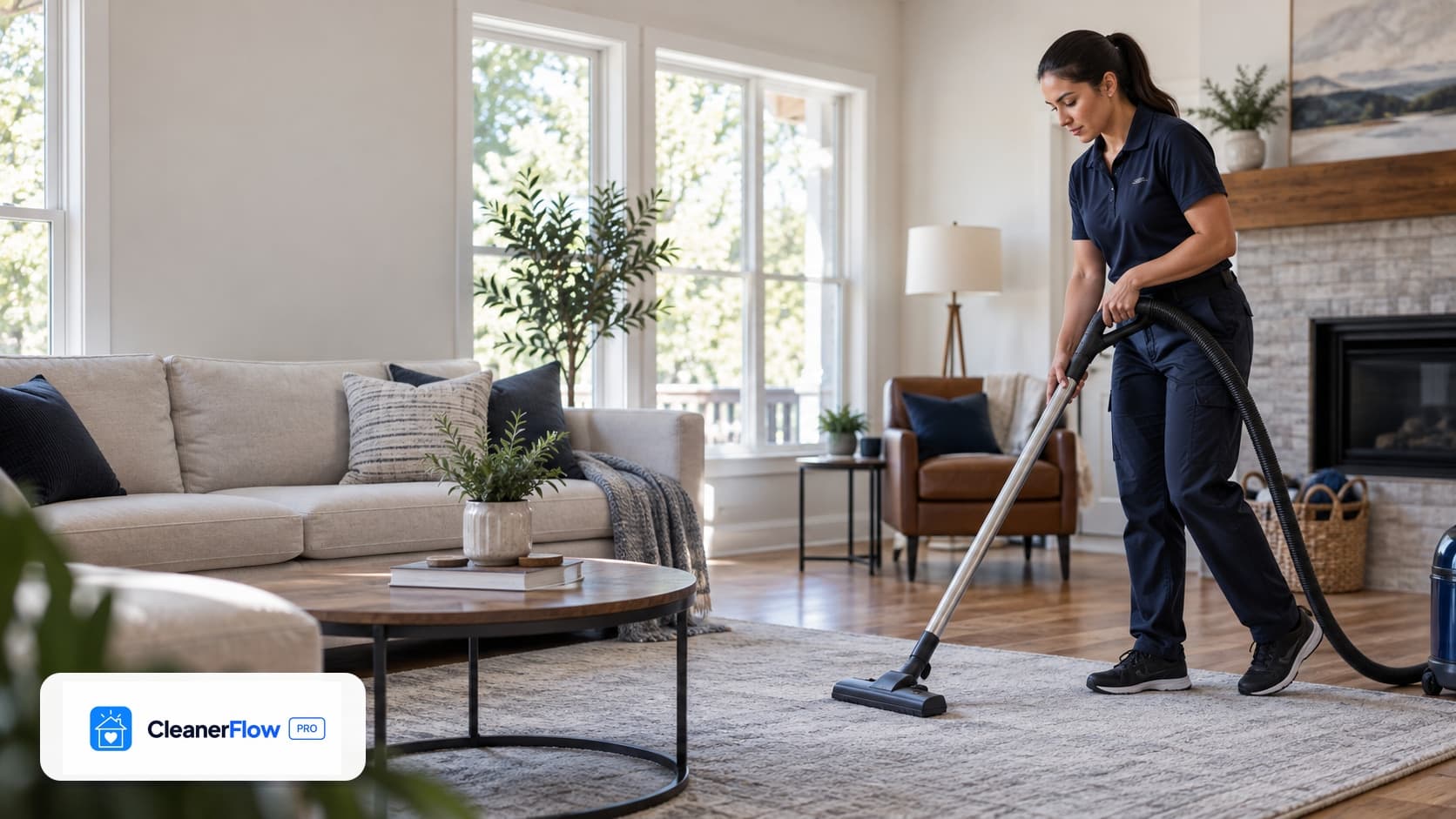 Cleaner in a navy uniform vacuuming a large rug in a bright living room with a sofa and a stone fireplace