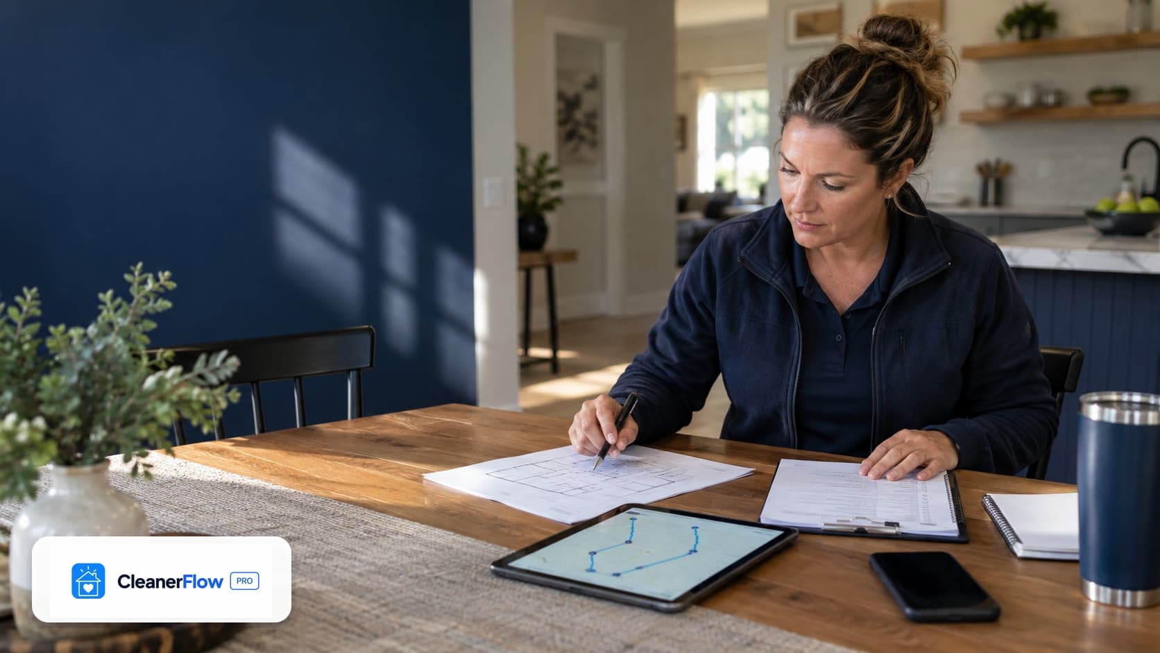 Mujer marca un plano de la casa con una pluma en la mesa del comedor, junto a una tabla con hojas y una tablet con una ruta