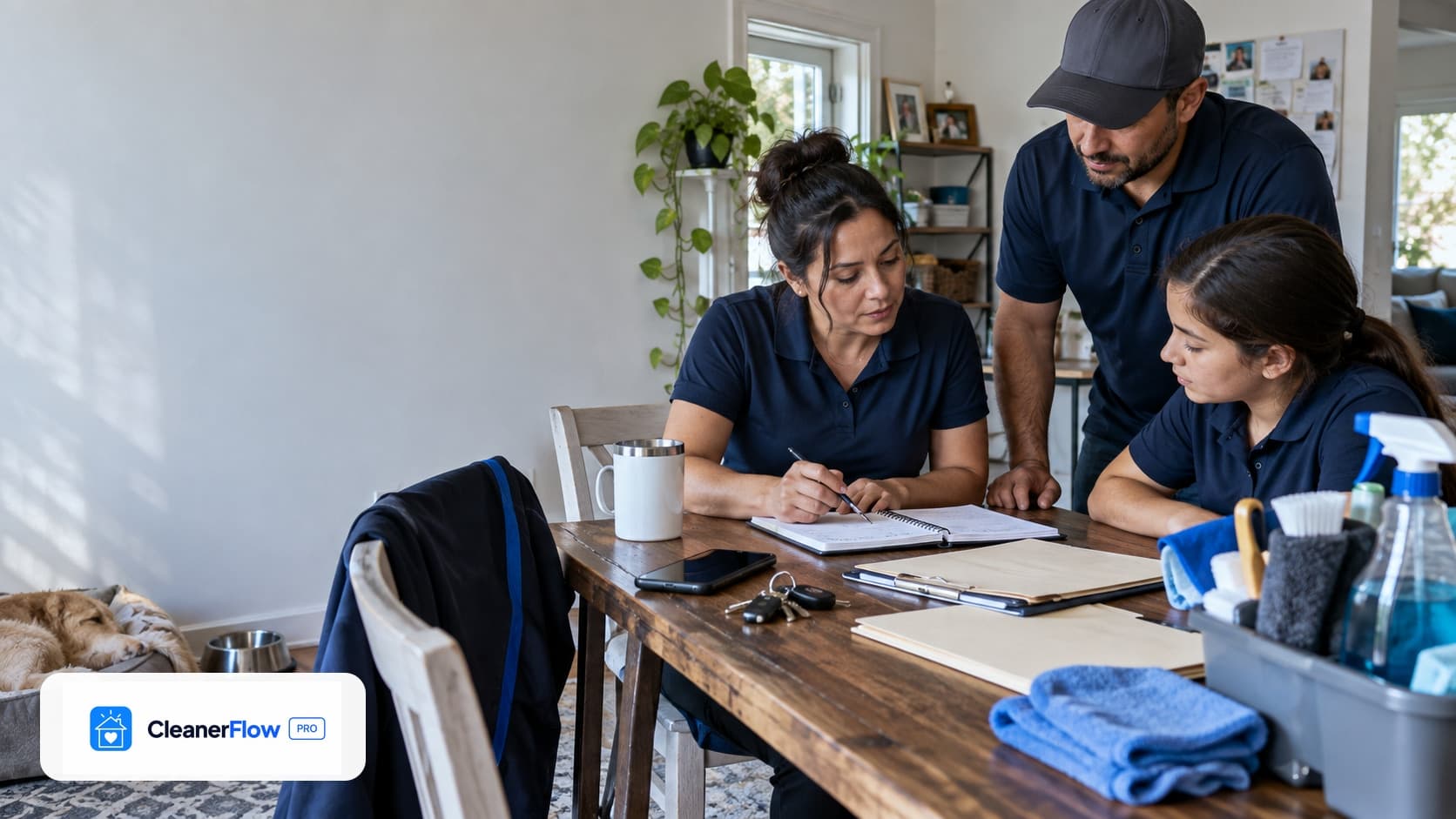 Mulher anota num caderno na mesa de jantar enquanto um homem de boné e uma jovem acompanham, todos de polo azul-marinho.