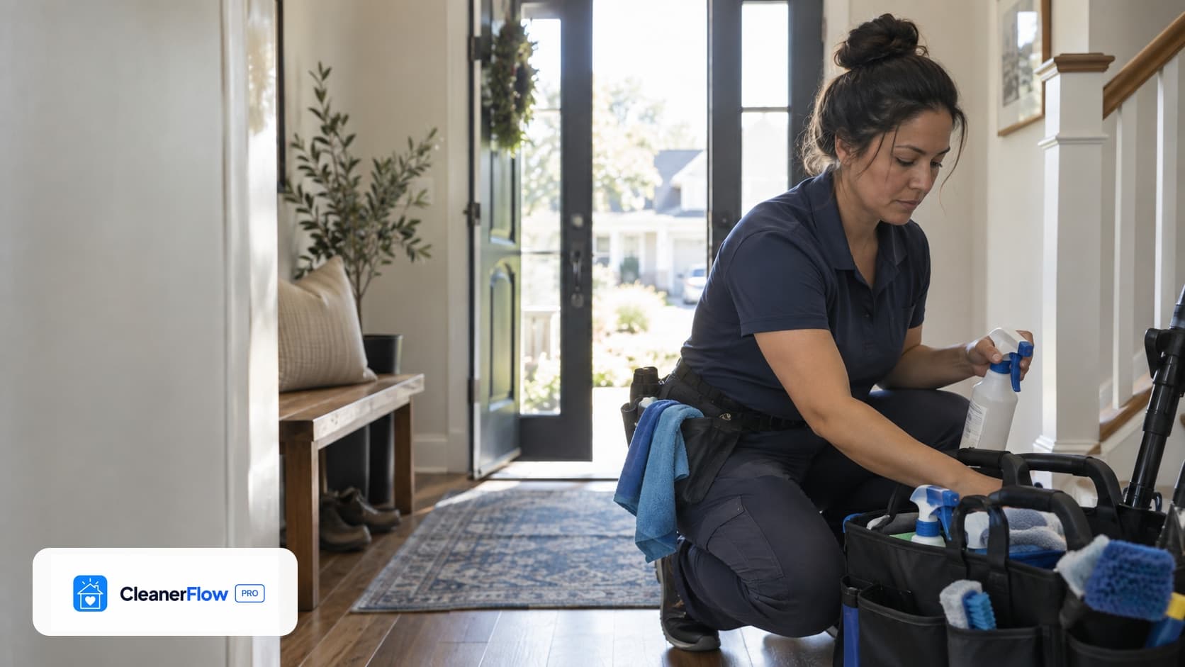 Cleaner kneeling in a home's entryway, taking a spray bottle from her supply bag by the open front door.