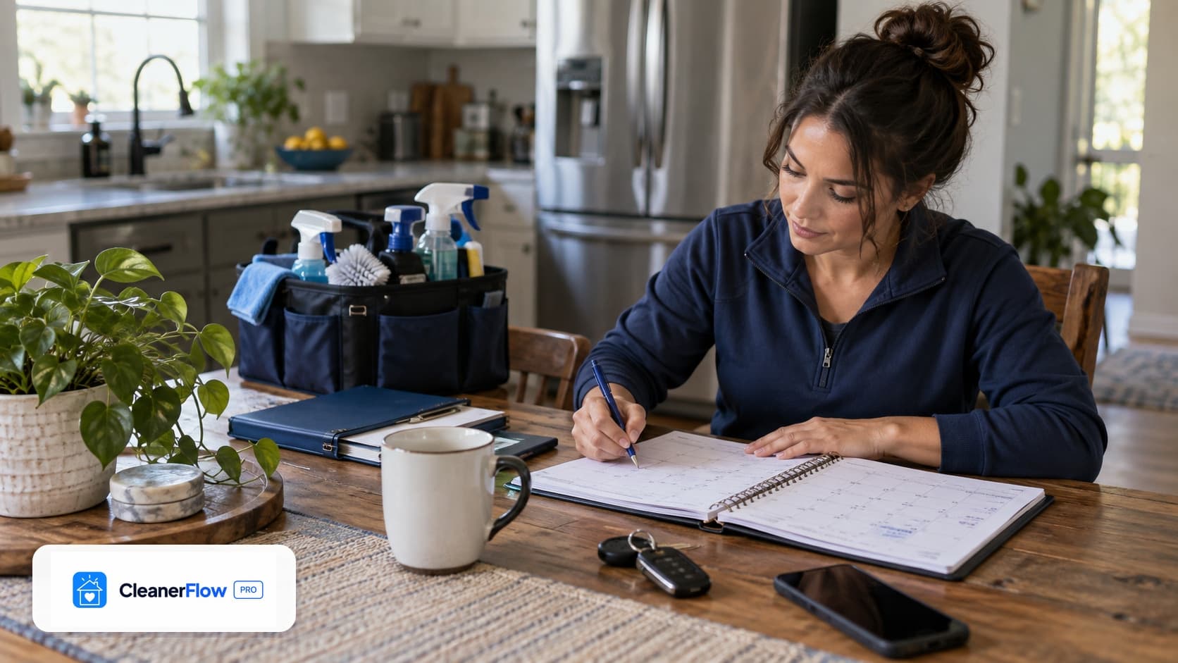 Mujer escribe en una agenda mensual en la mesa de la cocina, con su organizador de productos, una taza y las llaves del carro.