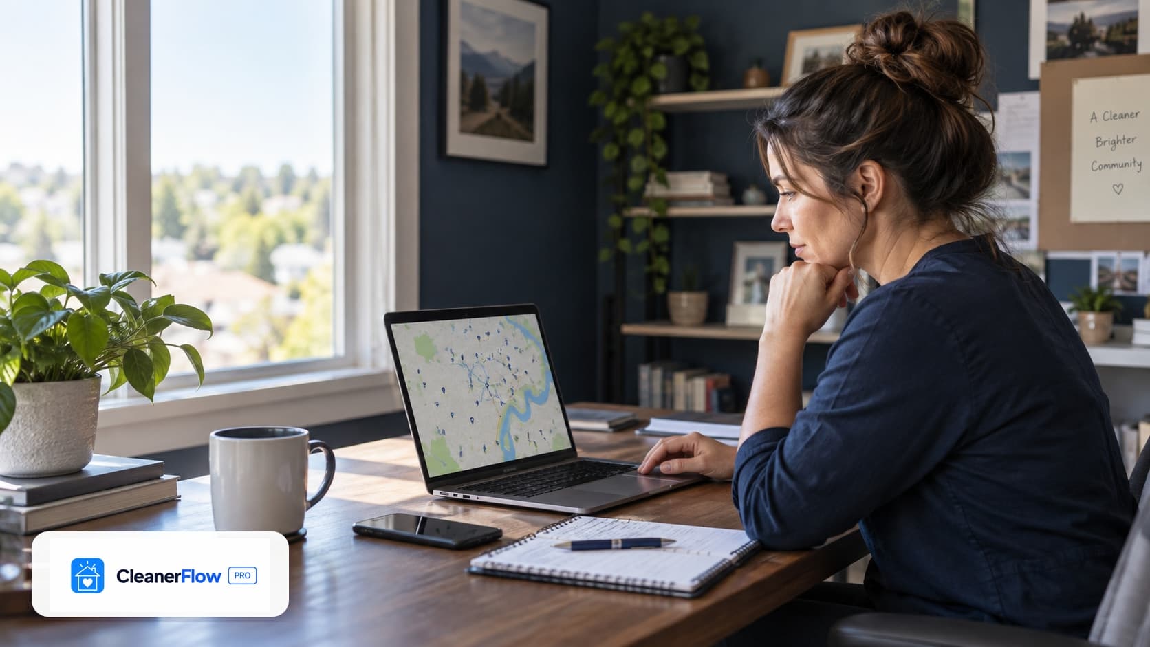 Mujer en su escritorio de casa observa en la laptop un mapa lleno de marcadores, junto a una taza, un celular y una libreta.