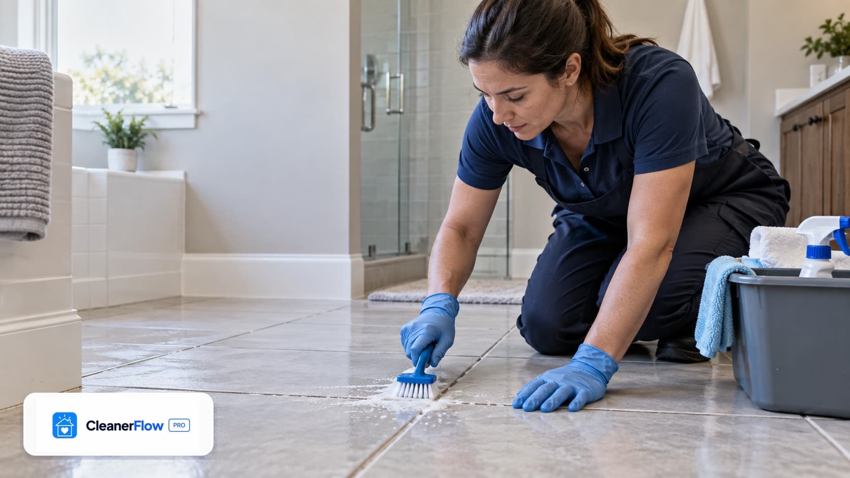 Profesional de limpieza con guantes azules, hincada en el piso del baño, talla la junta del azulejo con un cepillo.