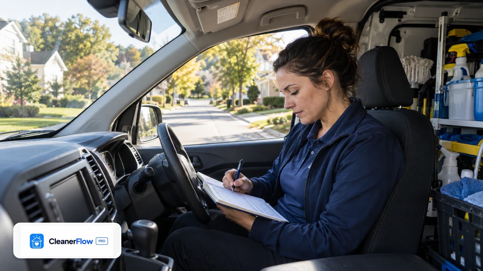 Mujer en el asiento del conductor de una camioneta escribe en una bitácora, con repisas de productos de limpieza atrás.