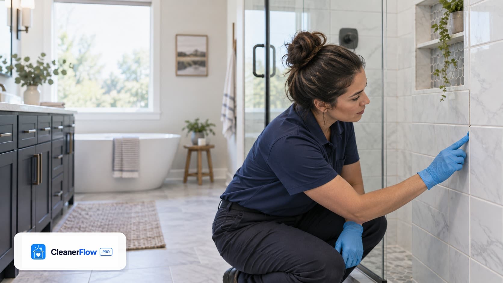 Profesional de limpieza con guantes azules, en cuclillas, revisa la junta de los azulejos de la regadera en un baño luminoso.