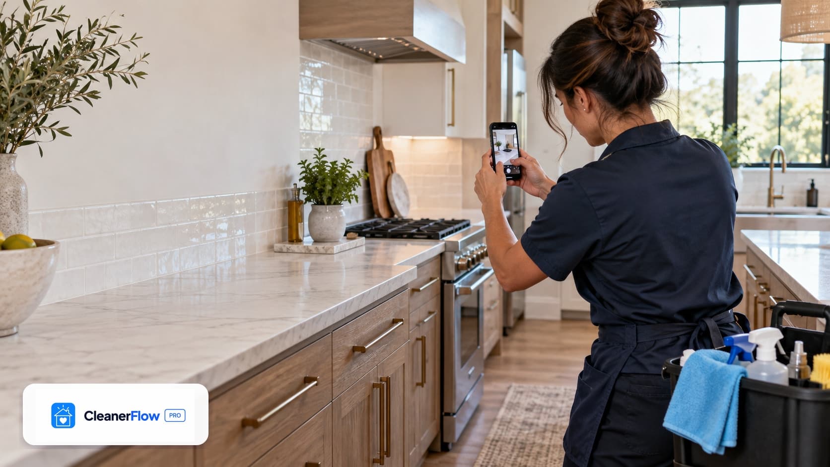Trabajadora de limpieza toma una foto con su celular de la barra de cocina ya limpia, con su caja de productos al lado