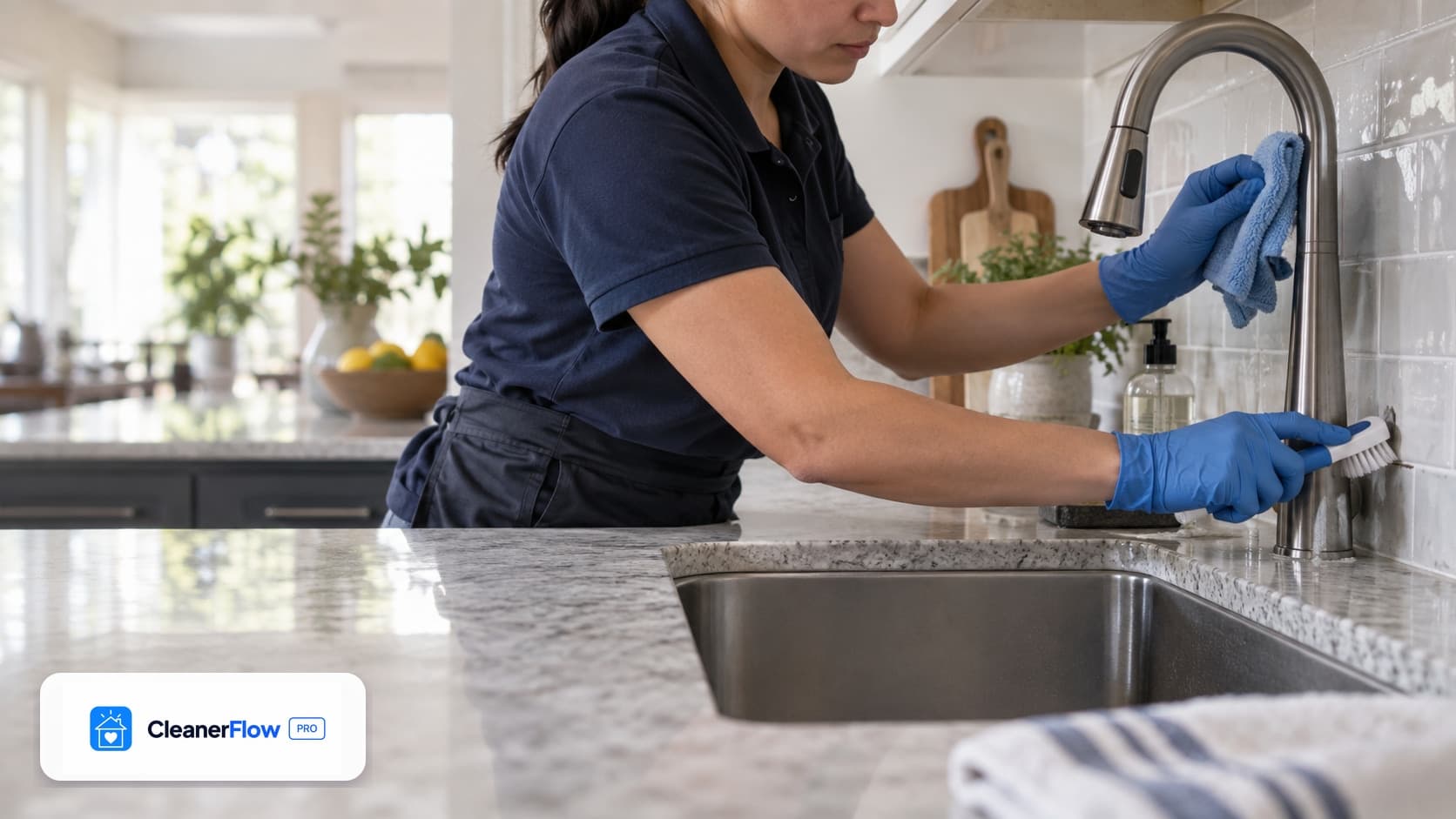 Manos con guantes azules tallan la base de la llave de la cocina con un cepillo pequeño mientras sostienen un trapo