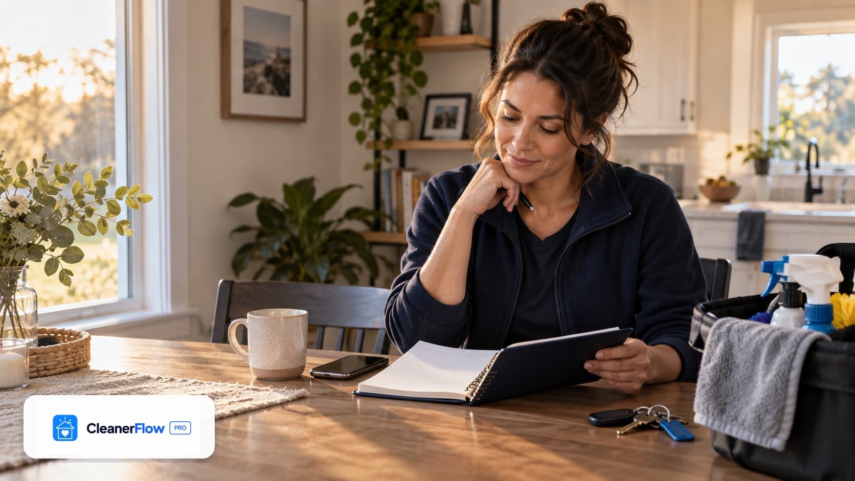 Mulher de blusa de fleece azul-marinho lê uma agenda na mesa de jantar, com caneca, celular, chaves e cesto de limpeza