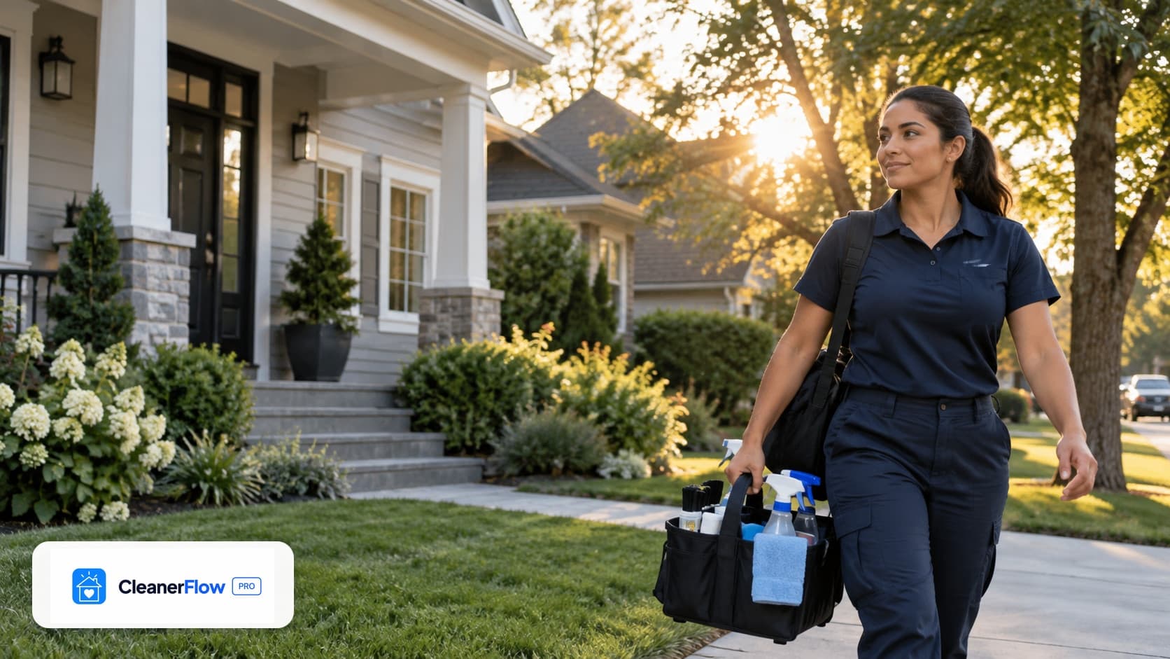 Smiling cleaner carrying a supply caddy walks down a sidewalk past a house with a porch at sunset